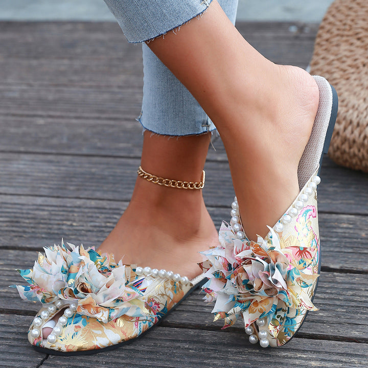 Flat Mules with Pearl and Floral Print