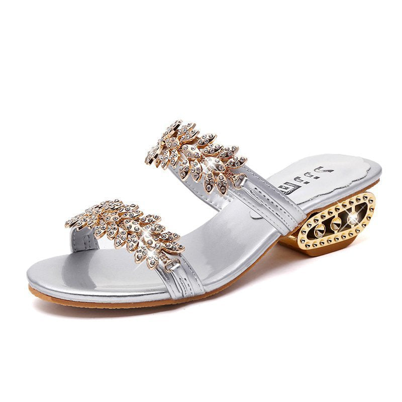 Stylish Rhinestone Square-Heel Slide Sandals