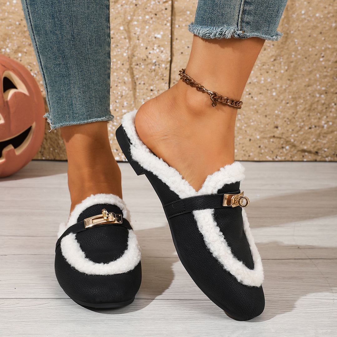 Fur Buckle Mule Slippers