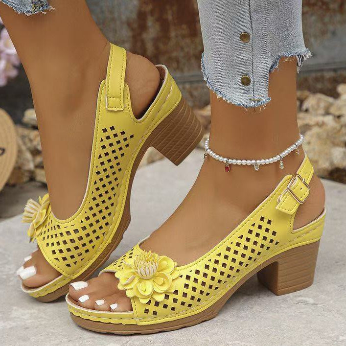 Flower Buckle Heel Sandals