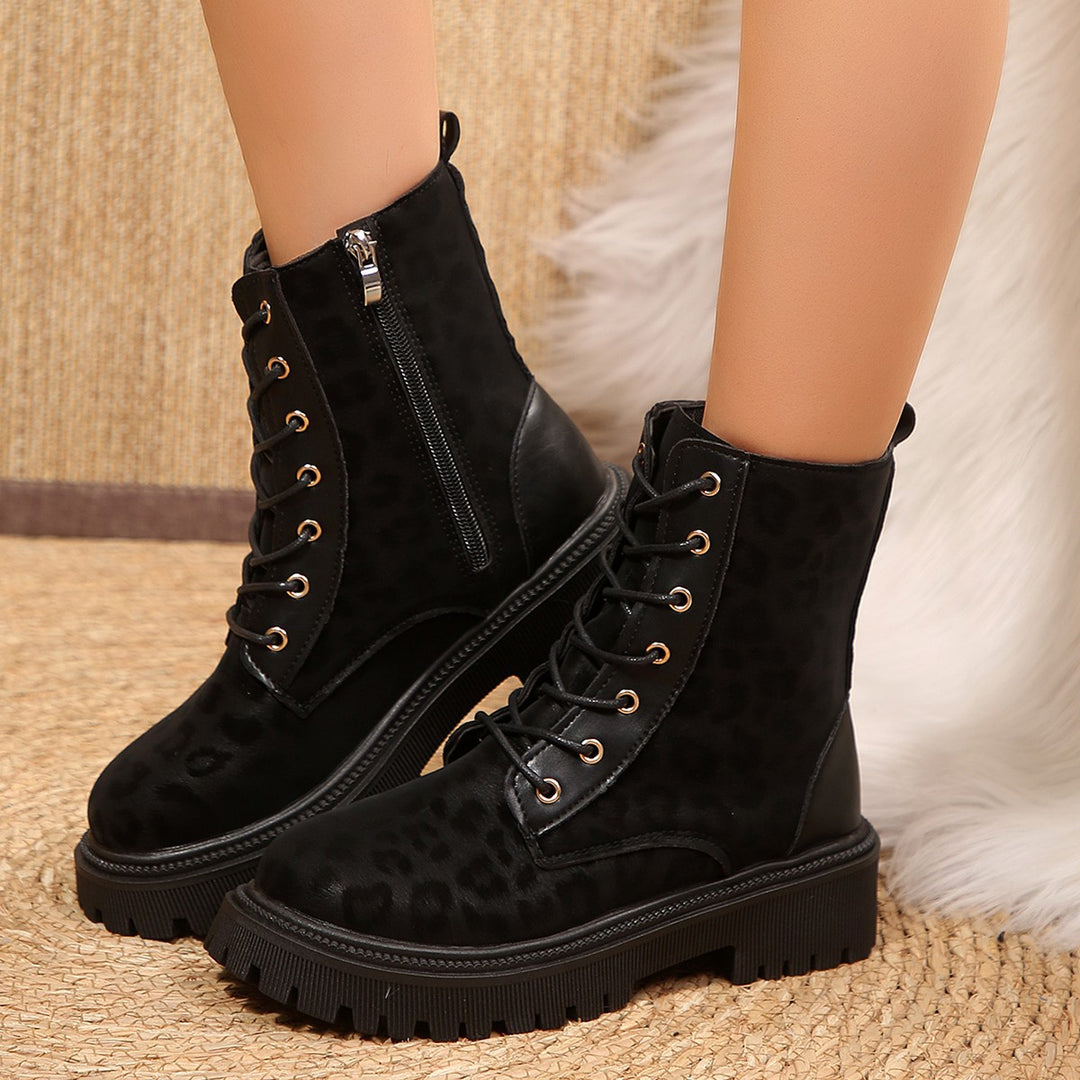 Leopard-print British-style combat boots