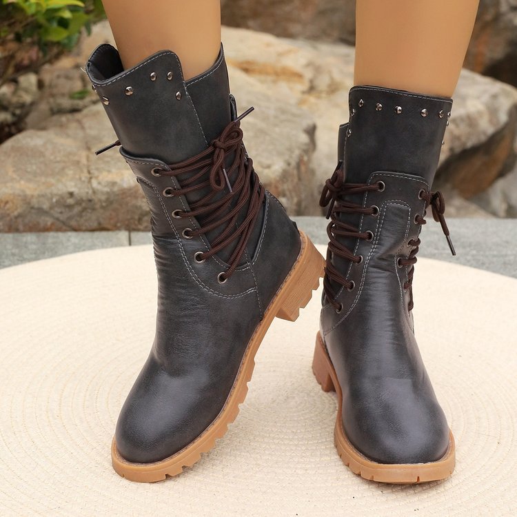 Womens Studded Lace‑Up Moto Mid Calf Boots