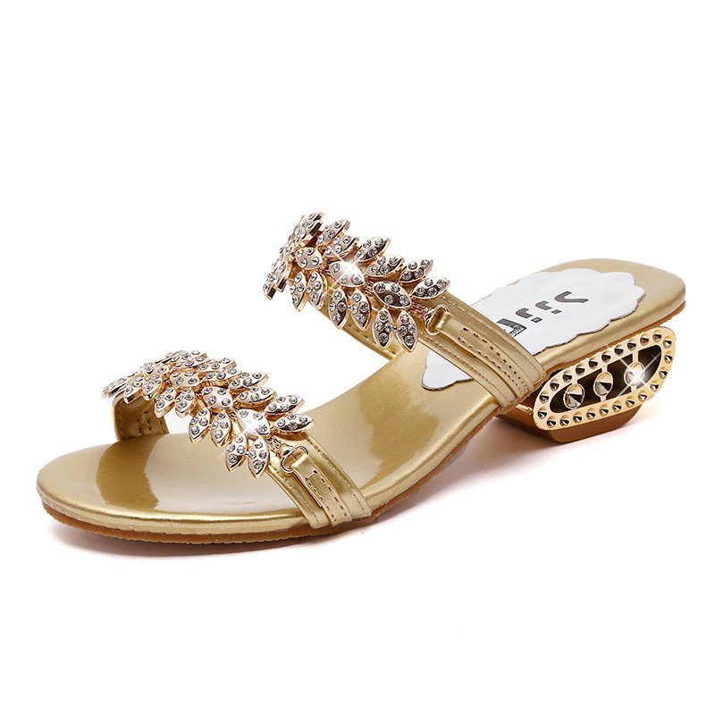 Stylish Rhinestone Square-Heel Slide Sandals