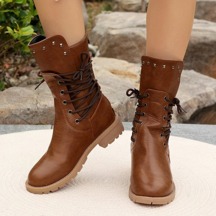 Womens Studded Lace‑Up Moto Mid Calf Boots