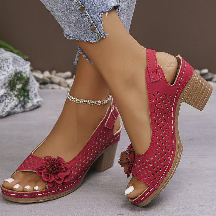 Flower Buckle Heel Sandals