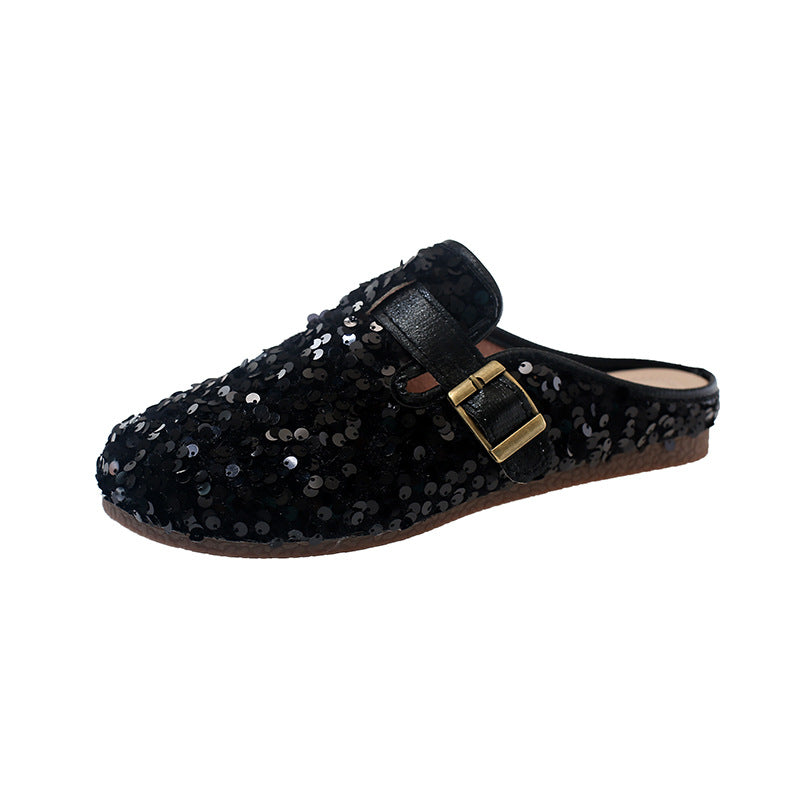 Flat-bottomed sequined half-length slippers