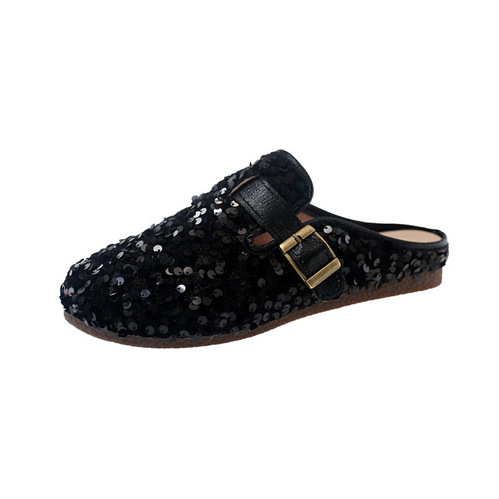 Flat-bottomed sequined half-length slippers