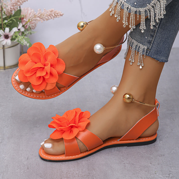 Floral Pearl Ankle Strap Flat Sandals
