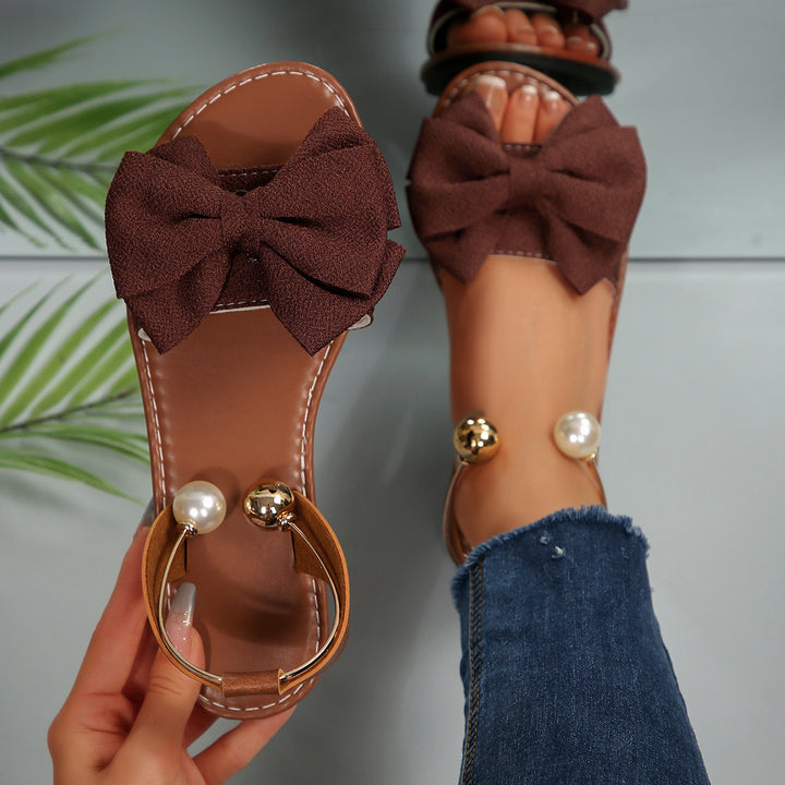 Flat bow pearl open-toe sandals