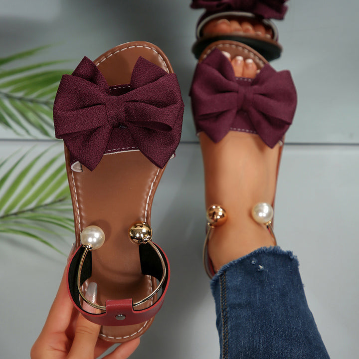 Flat bow pearl open-toe sandals