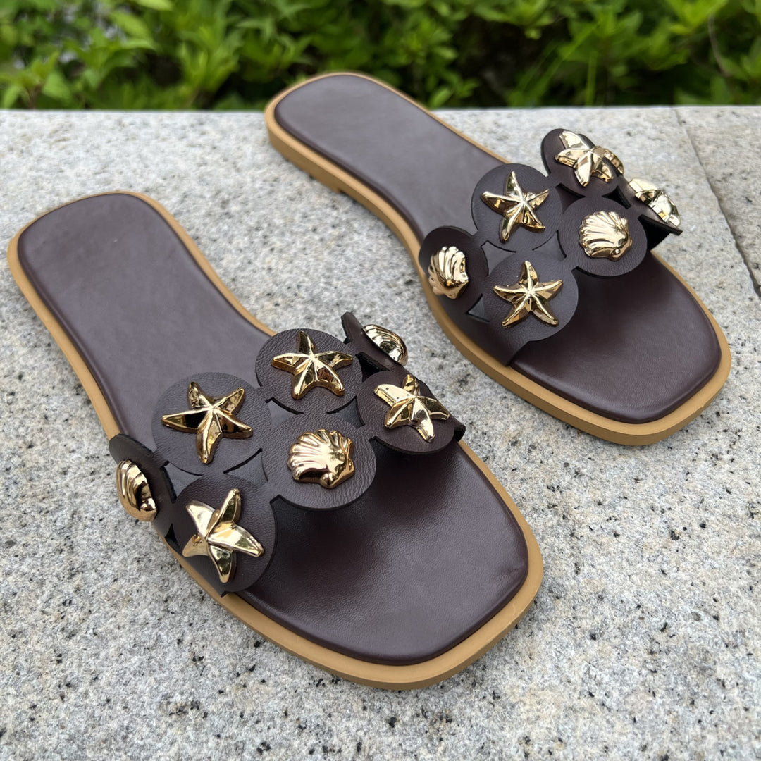 Women Shell Starfish Decor Flat Beach Slide Sandals