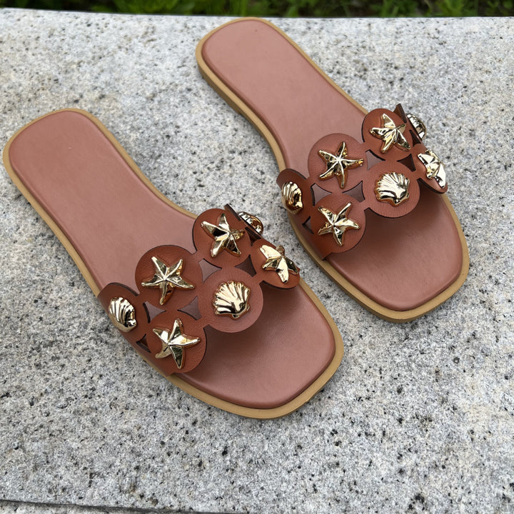 Women Shell Starfish Decor Flat Beach Slide Sandals