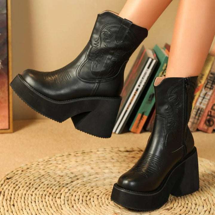 Embroidered platform ankle boots