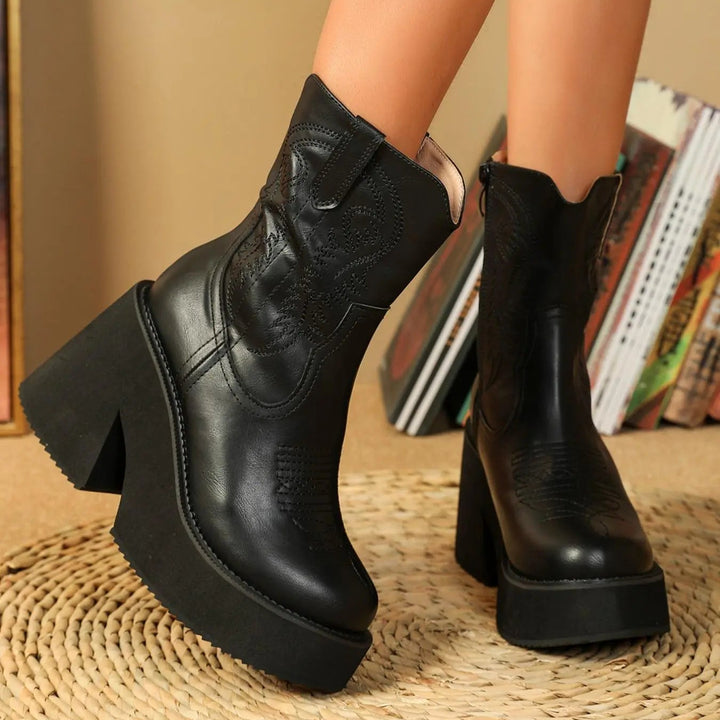 Embroidered platform ankle boots