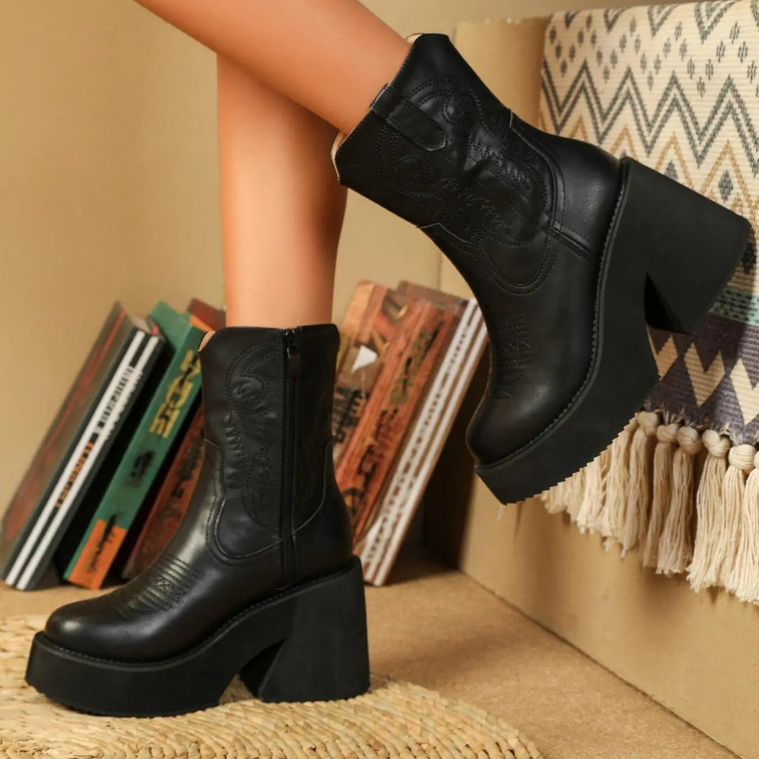 Embroidered platform ankle boots
