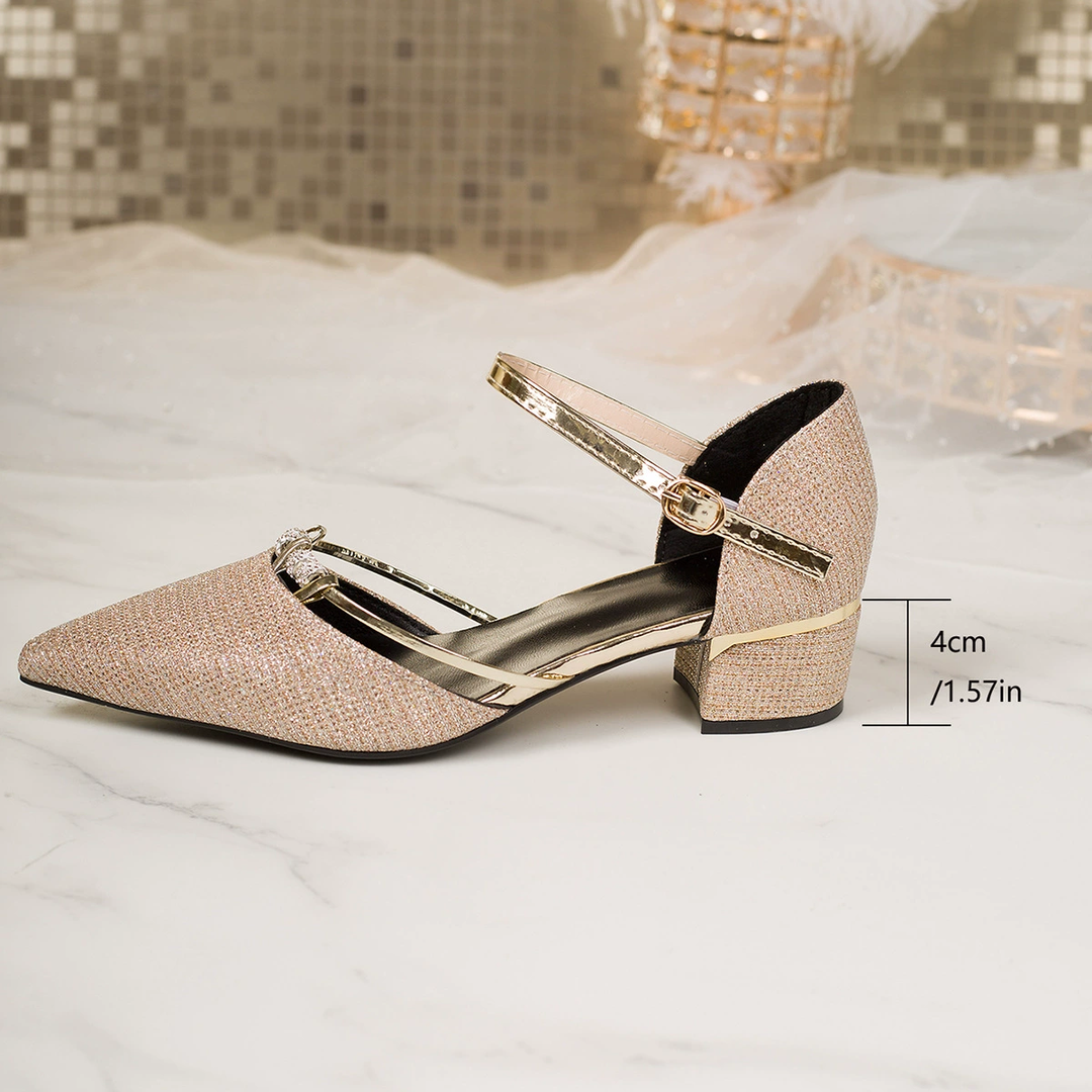 Glitter Pointed Toe Ankle Strap Low Heel Pumps