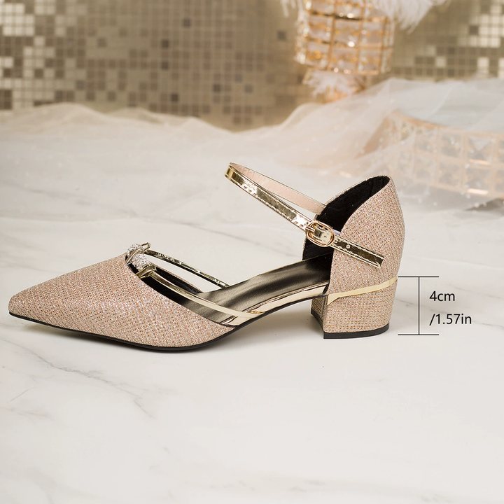 Glitter Pointed Toe Ankle Strap Low Heel Pumps