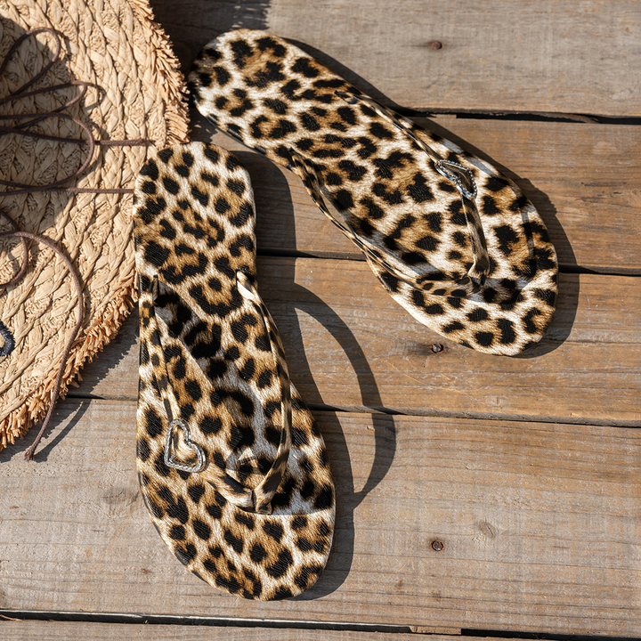 Leopard Print Rhinestone Heart Flip Flops