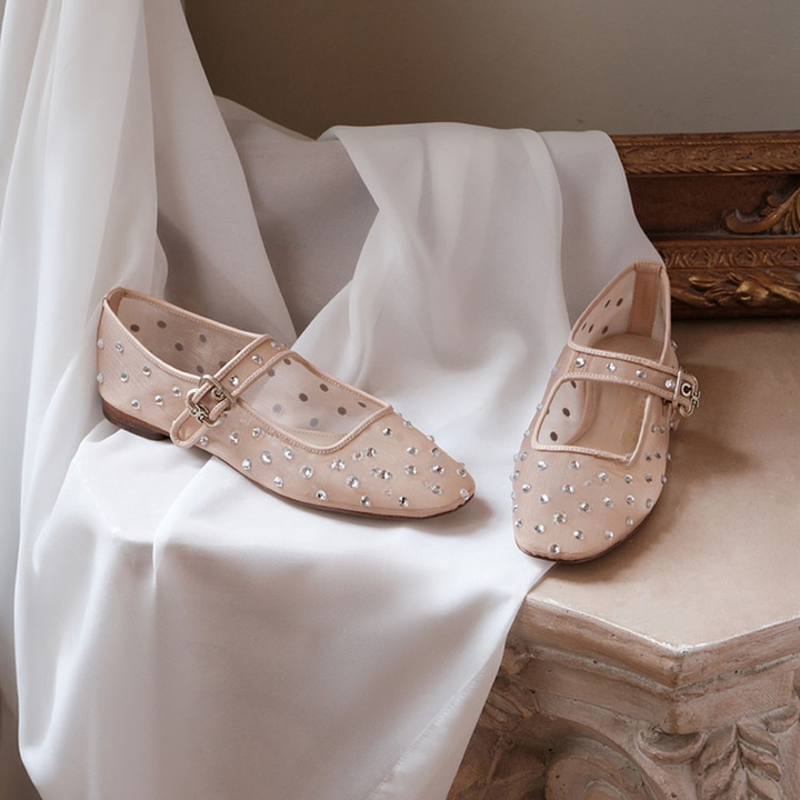 Crystal Mesh Buckle Mary Jane Flats