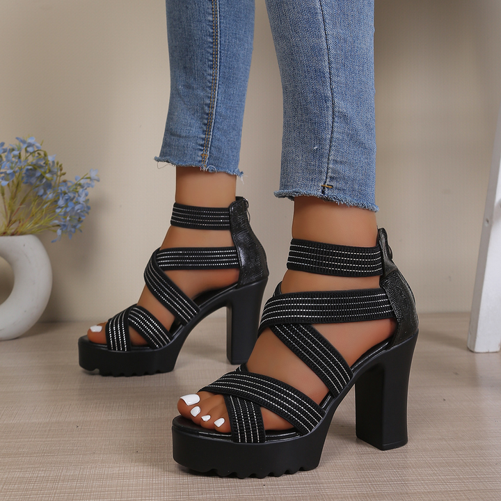 Stripe Ankle Strap Chunky High Heel Sandals