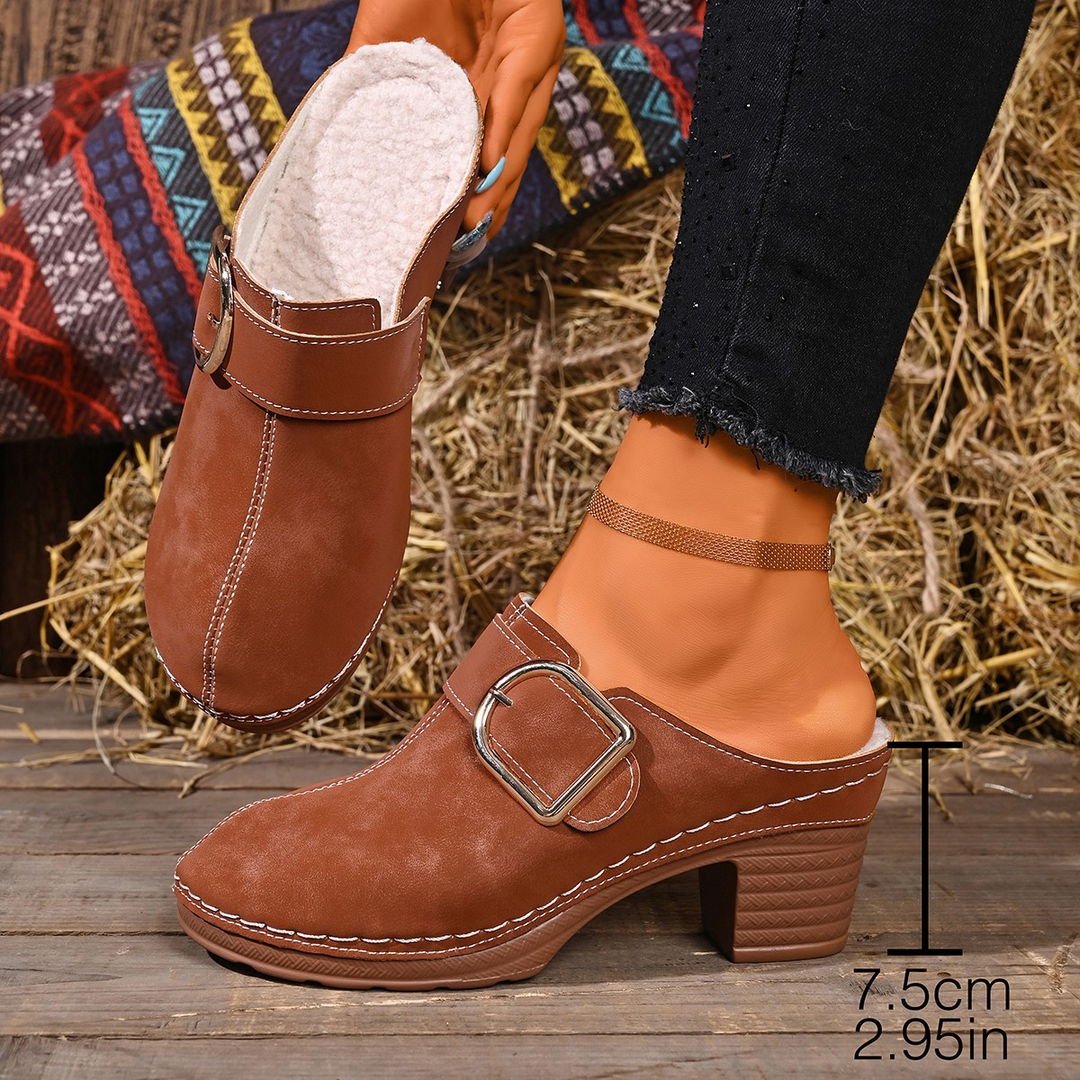 Warm Lined Buckle Decor Block Heel Clogs