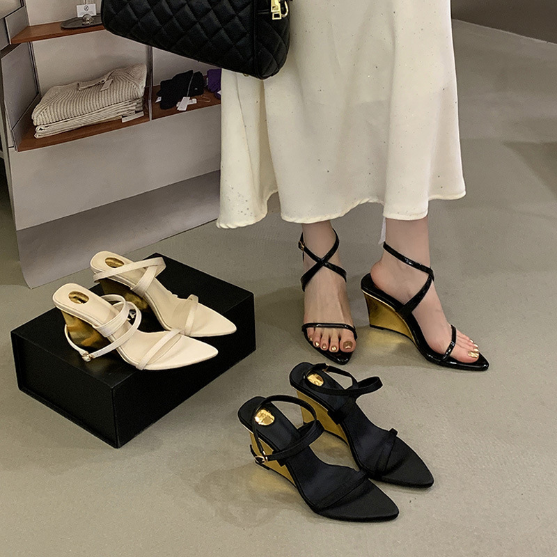Pointed Toe Gold Wedge Heel Strappy Sandals