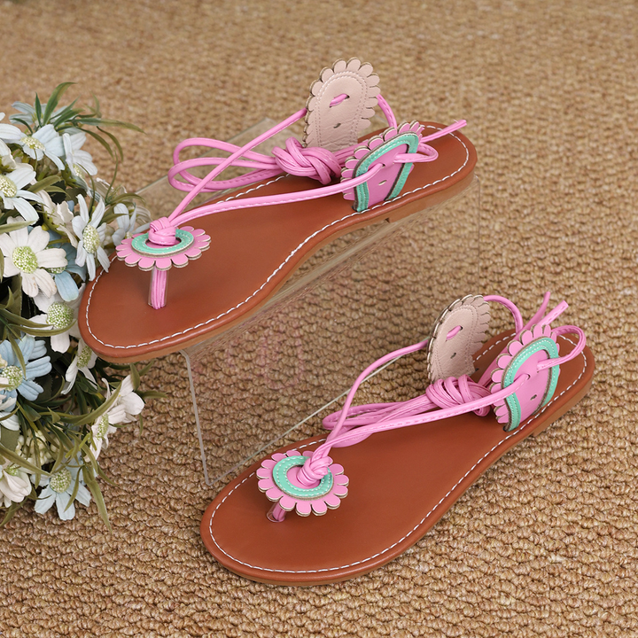 Boho Floral Lace Up Thong Flat Ankle Wrap Sandals