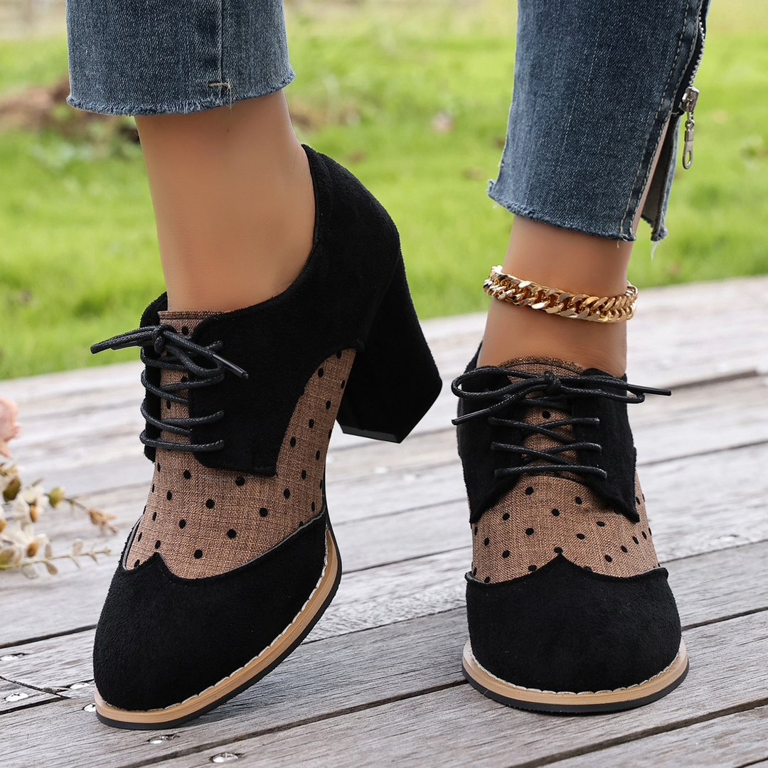 Vintage polka-dot lace-up high-heeled shoes