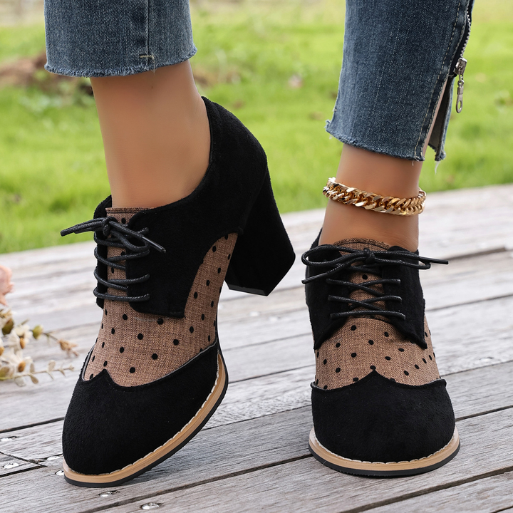 Vintage polka-dot lace-up high-heeled shoes