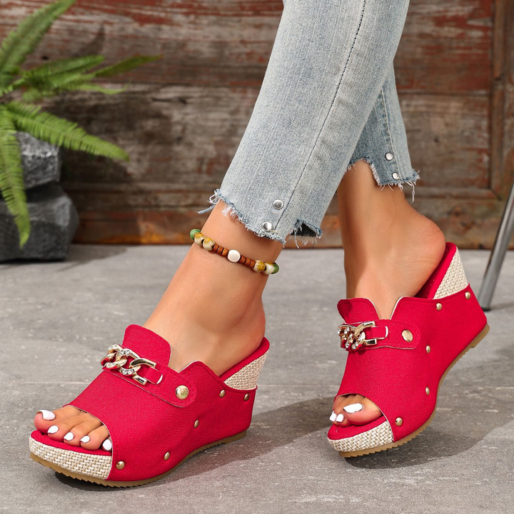 Chain Decor Peep Toe Platform Wedge Slide Sandals