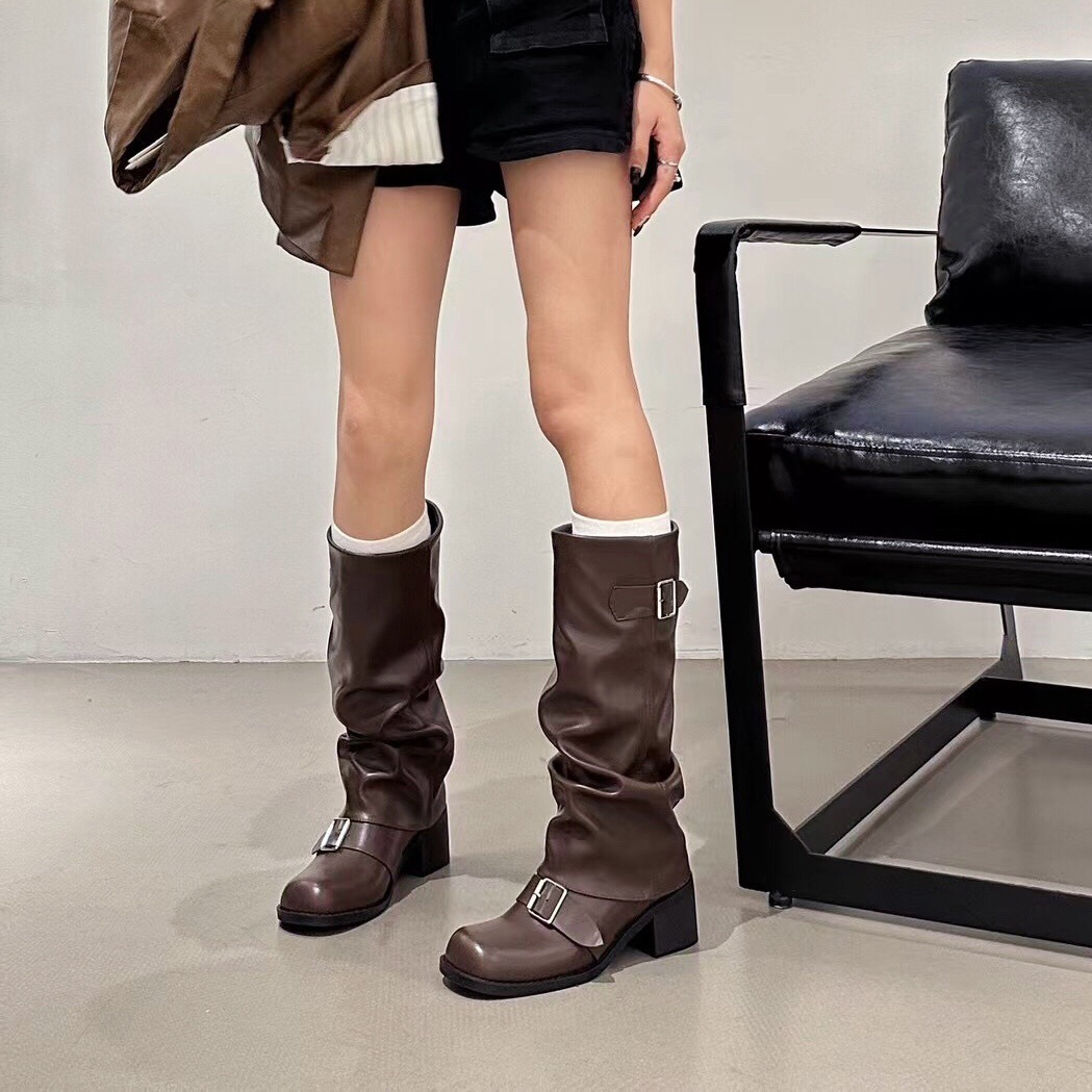 Women Slouchy Buckle Knee High Boots