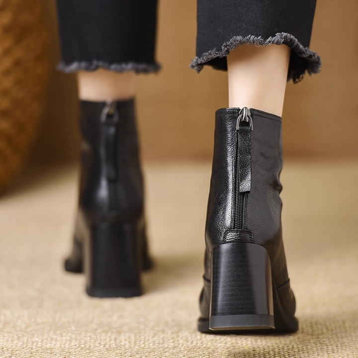 Square Toe Block Heel Back Zip Ankle Boots