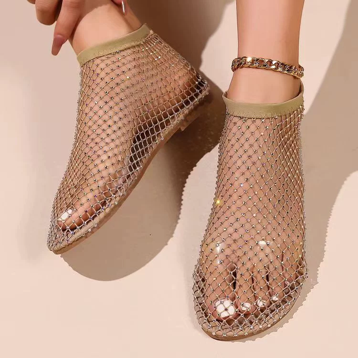 Rhinestone Mesh Flat Ankle Boots for Women