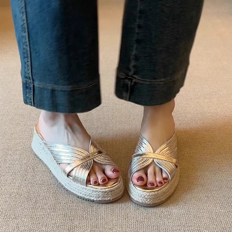 Cross Strap Espadrille Wedge Slide Sandals