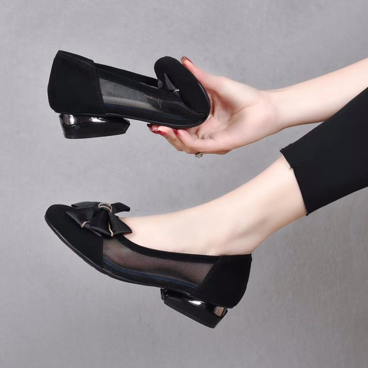 Mesh Rhinestone Bow Low Block Heel Pumps for Women