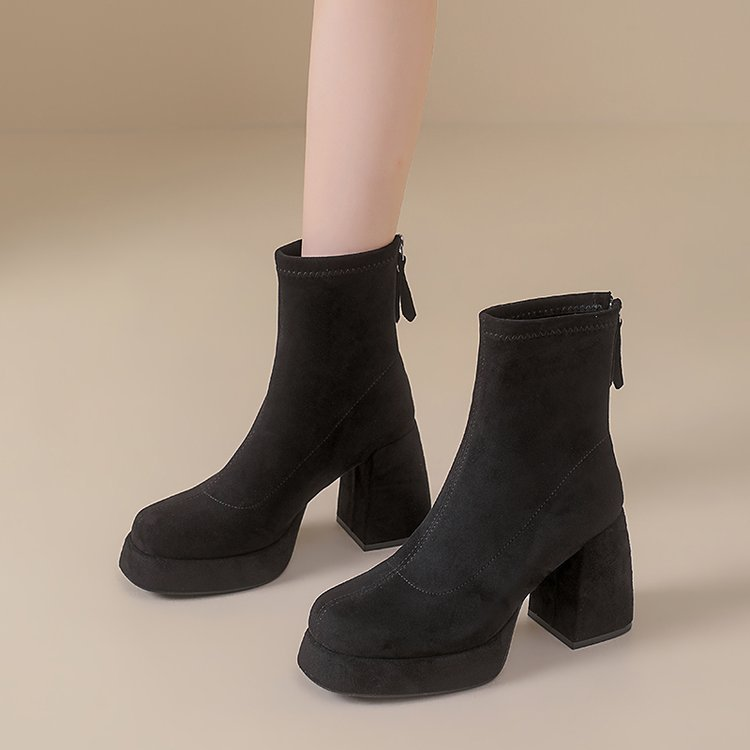 Platform Block Heel Back Zip Ankle Boots