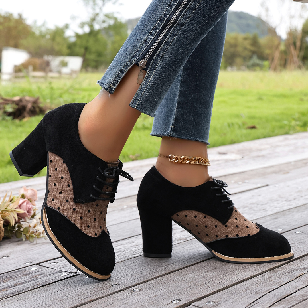 Vintage polka-dot lace-up high-heeled shoes