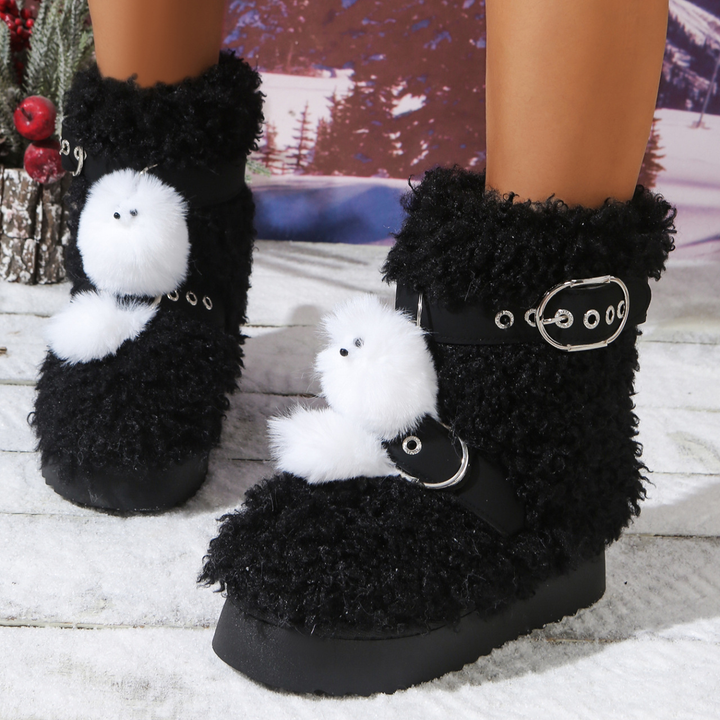 Cute Plush Doll Accent Furry Platform Buckle Ankle Boots