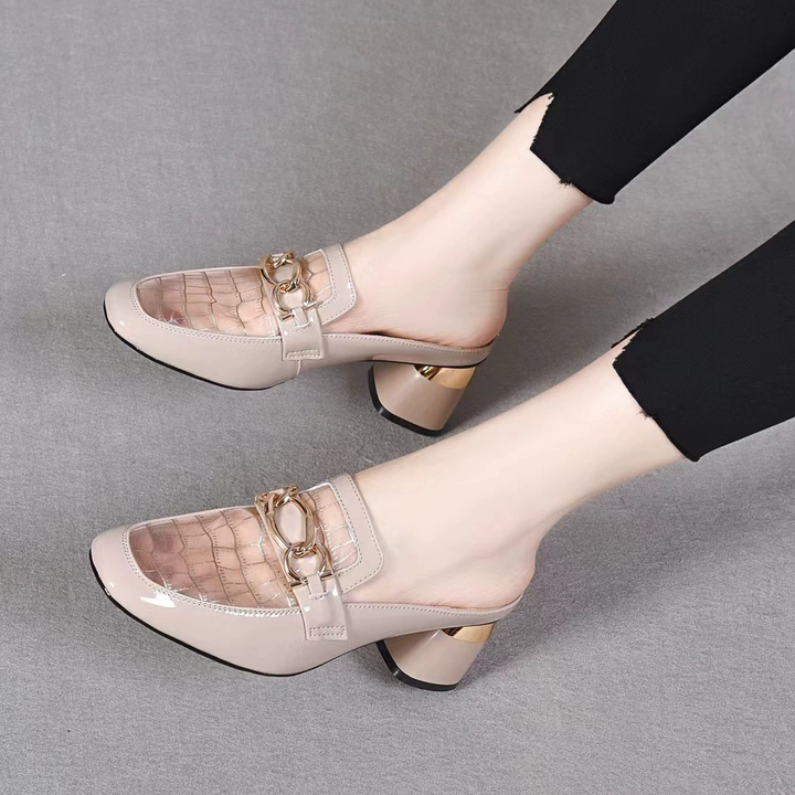 Patent Leather Mesh Chain Slip On Mule Flats