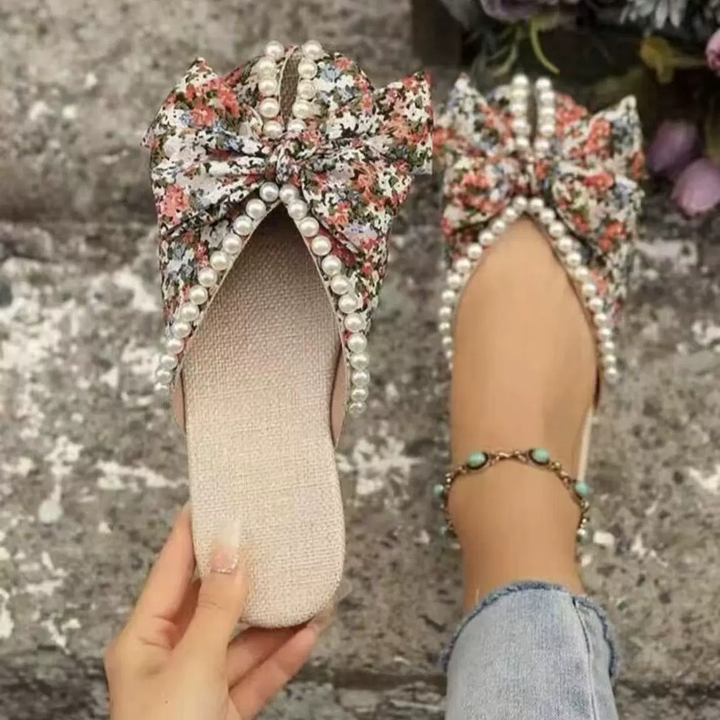 Floral Pearl Bow Open Toe Flat Slides