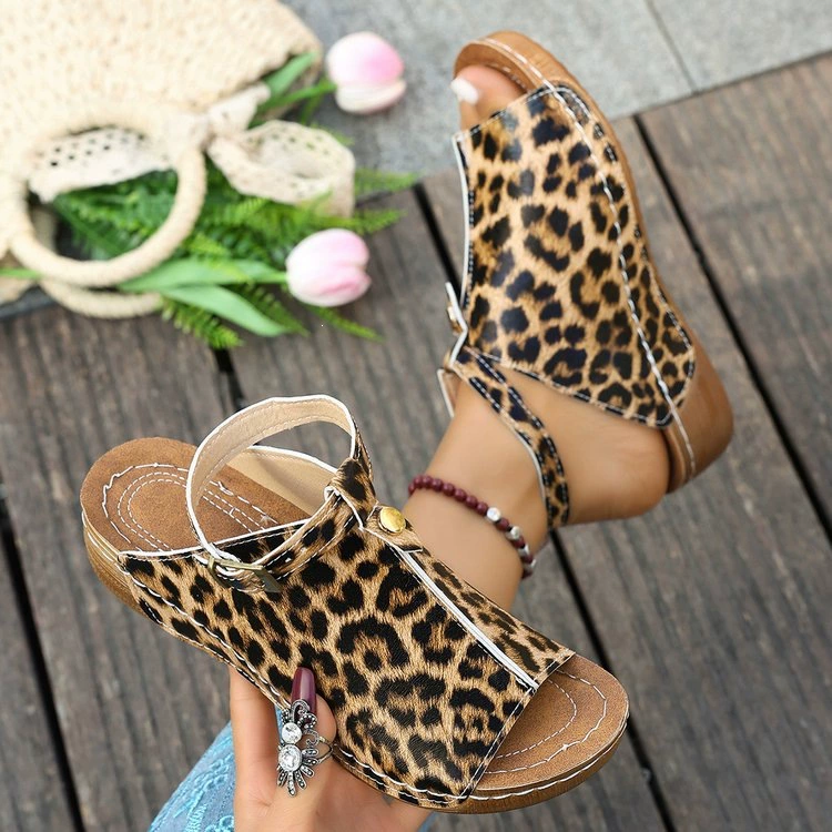 Leopard Print Retro Wedge Open Toe Casual Summer