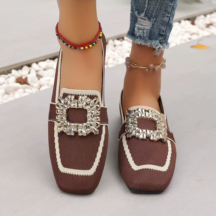 Rhinestone Buckle Knit Loafer Flats