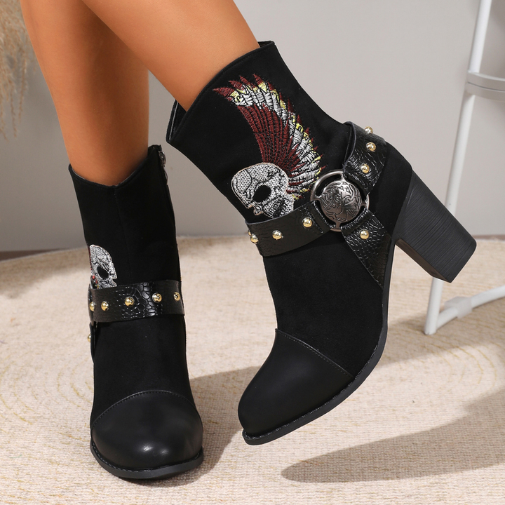Wing Skull Embroidered Biker Boot
