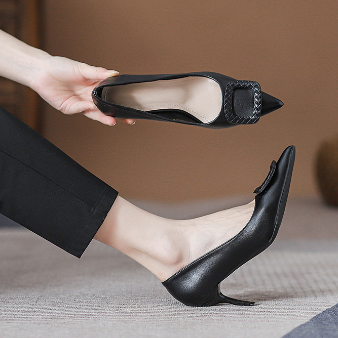 Chic Square Ornament Pointed Toe Kitten Heel Pumps
