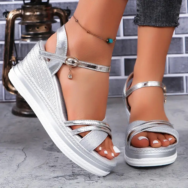 Women Metallic Crisscross Wedge Sandals