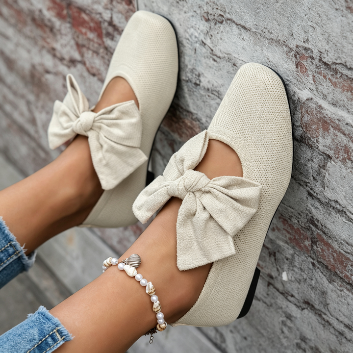 Knit Square Toe Big Bow Decor Flat Ballet Shoes