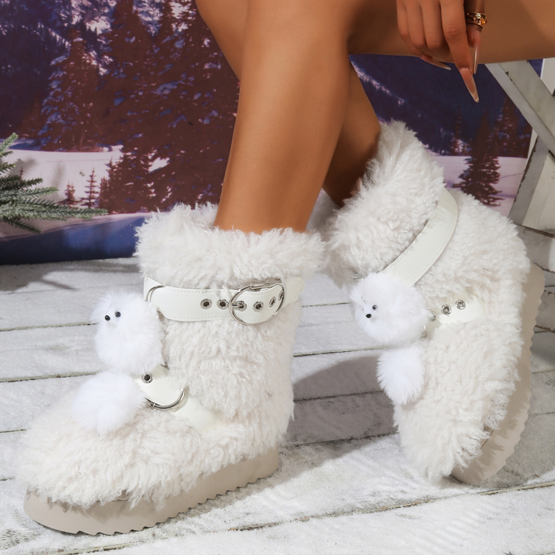 Cute Plush Doll Accent Furry Platform Buckle Ankle Boots