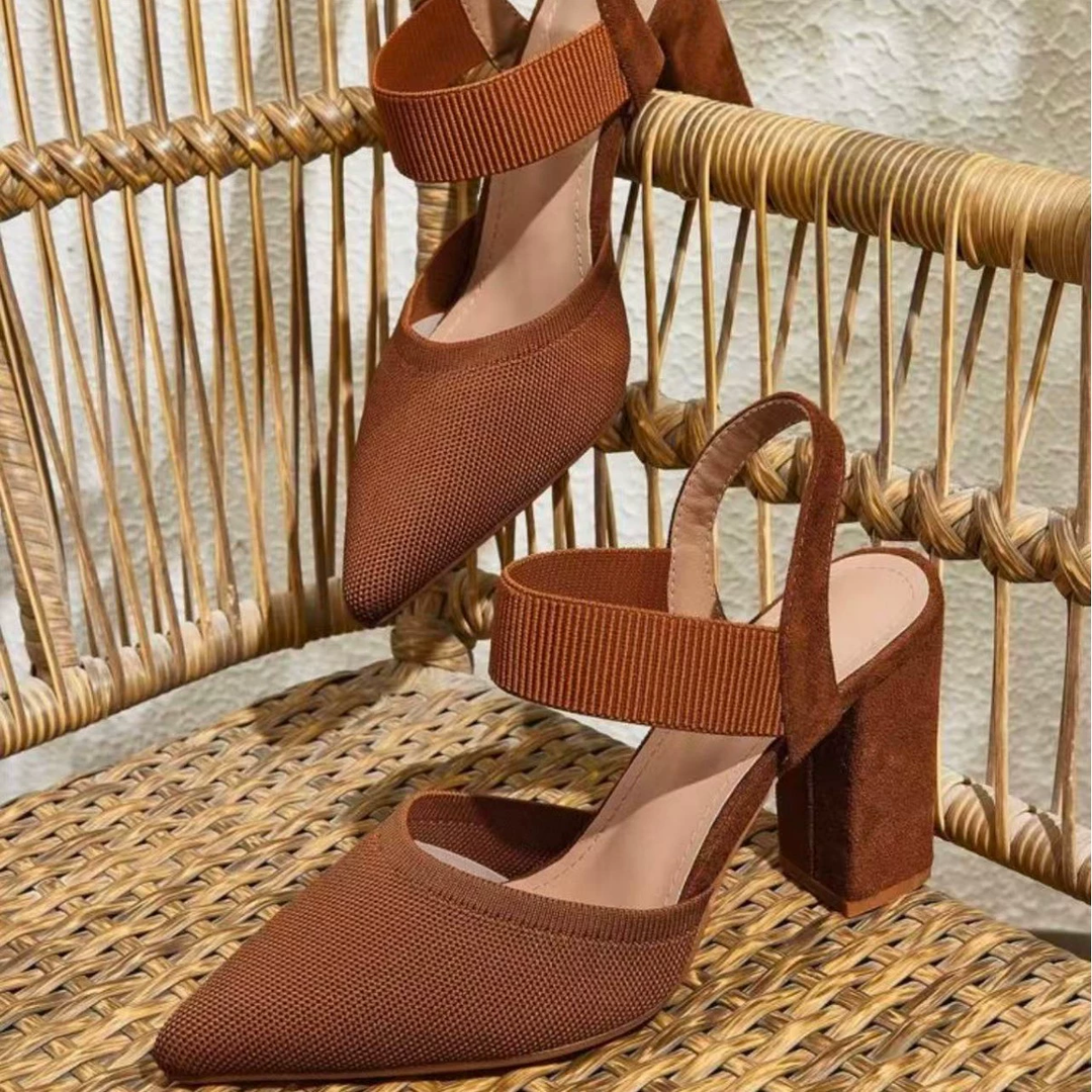 Pointed Toe Elastic Strap Block Heels