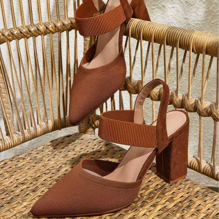Pointed Toe Elastic Strap Block Heels