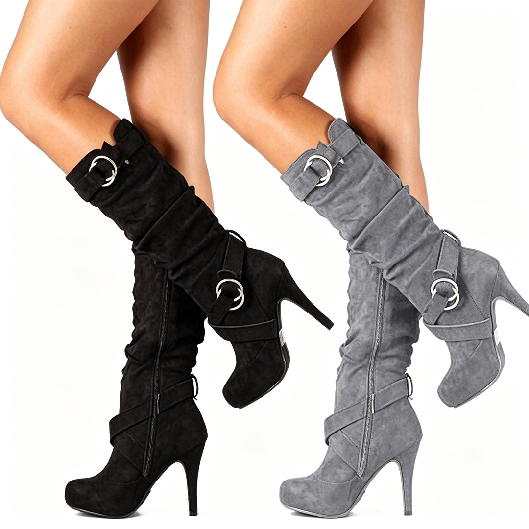 Buckle Strap Knee High Heel Boots